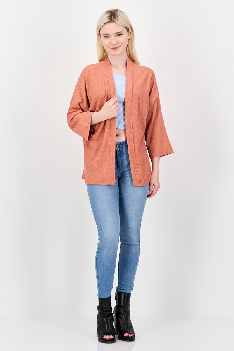 BIG DART Women Split Neck Textured Cardigan, Rust - Image 3